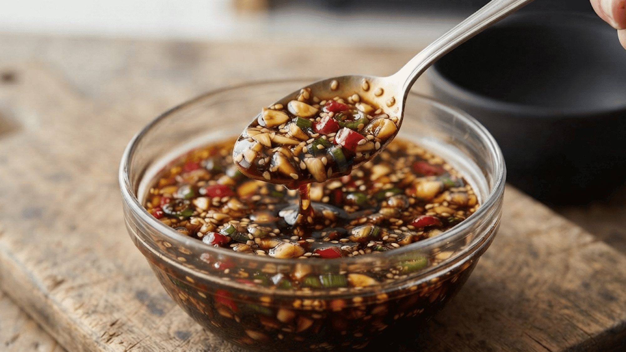 stir fry sauce being prepared with soy sauce garlic ginger and sesame oil in a small bowl