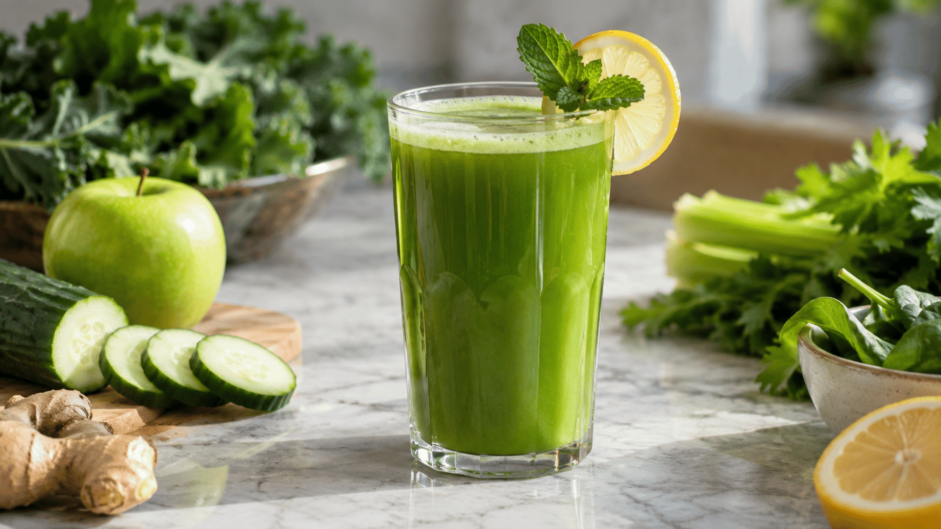 green juice with lemon and mint surrounded by cucumber apple ginger kale celery and spinach on a kitchen counter