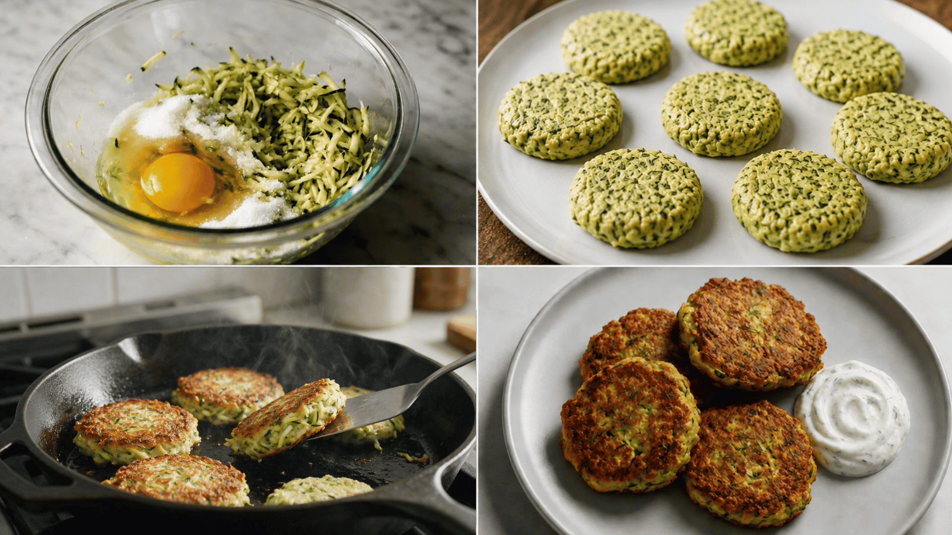 zucchini cakes shown from mixing grated zucchini and egg to shaping patties frying until golden and serving with dip
