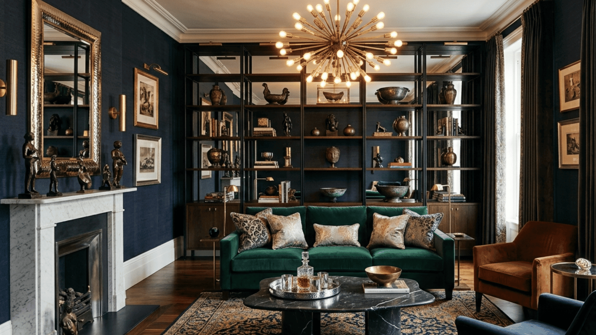 maximalist interior featuring mixed brass bronze and black metal finishes