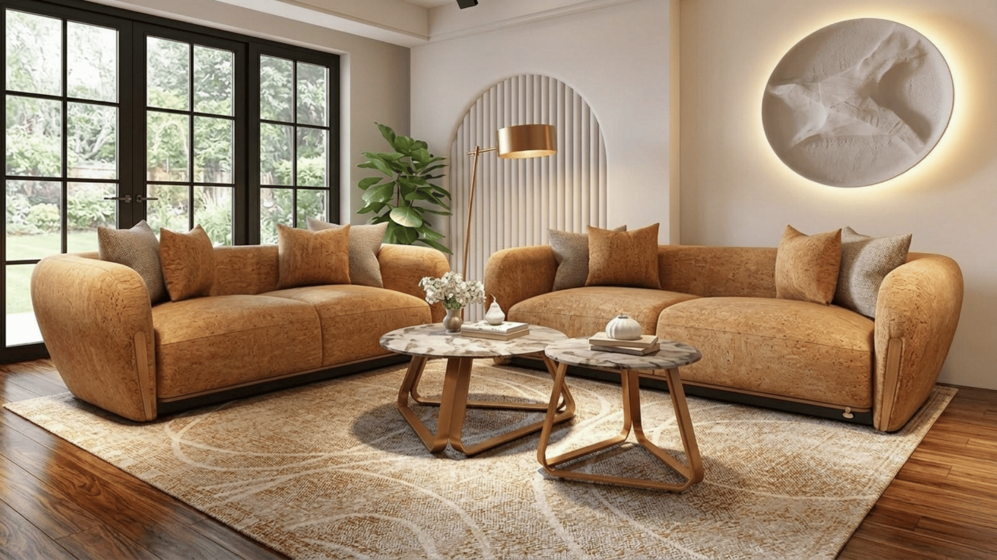 modern living room with curved brown sofas marble coffee tables large windows warm lighting and neutral area rug