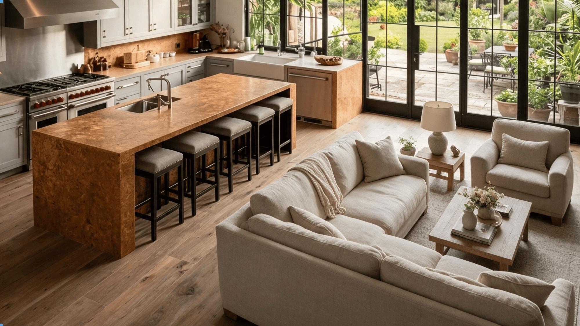 open plan kitchen and living room with white sofas large island wooden floors and glass doors overlooking garden
