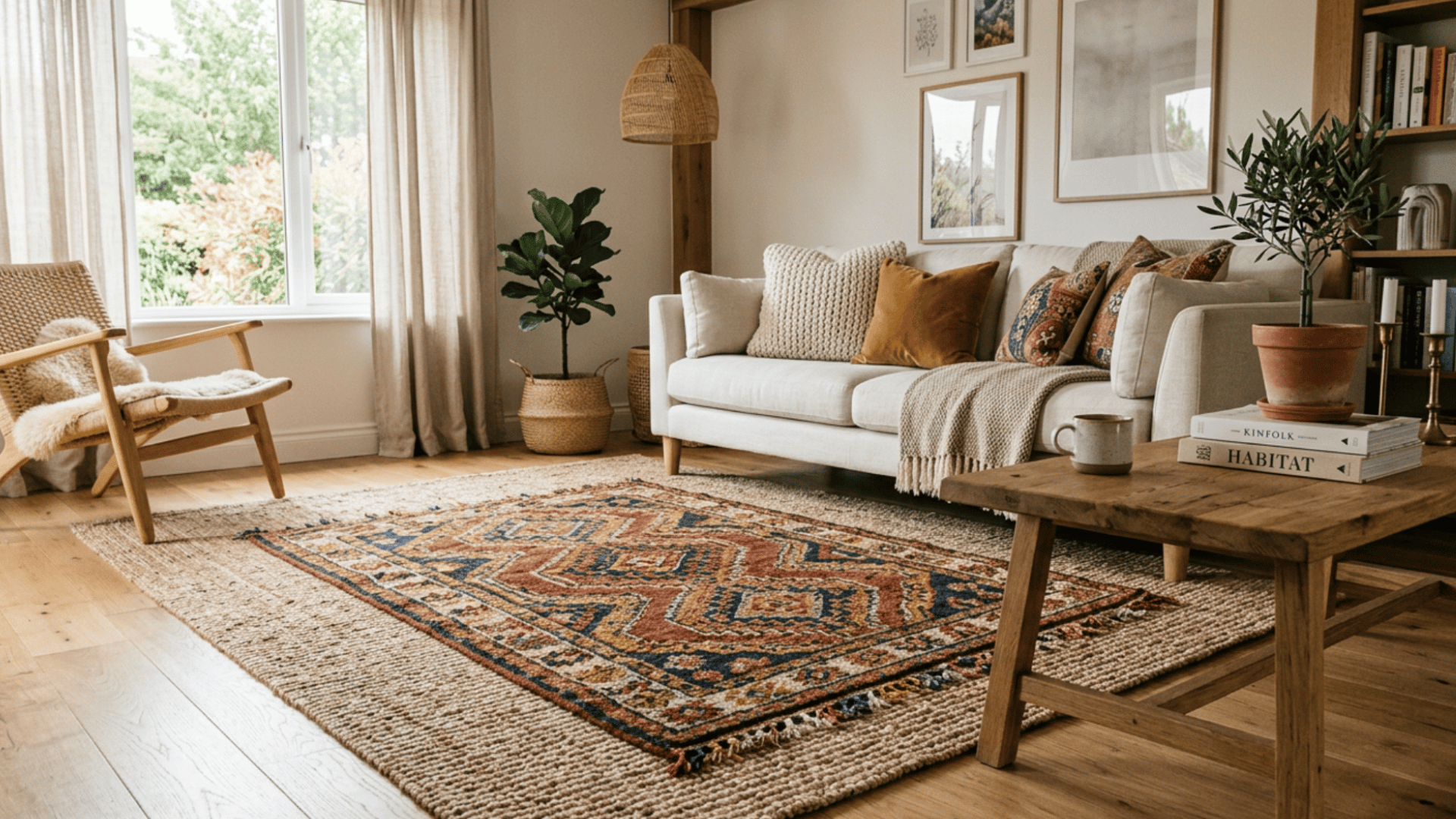 layered neutral and patterned rugs in a bright living room with a cream sofa wooden furniture and plants