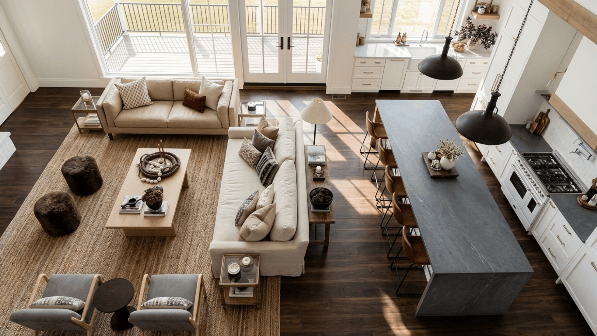 open plan living room and kitchen with cream sofas large island wooden floors and bright windows overlooking patio