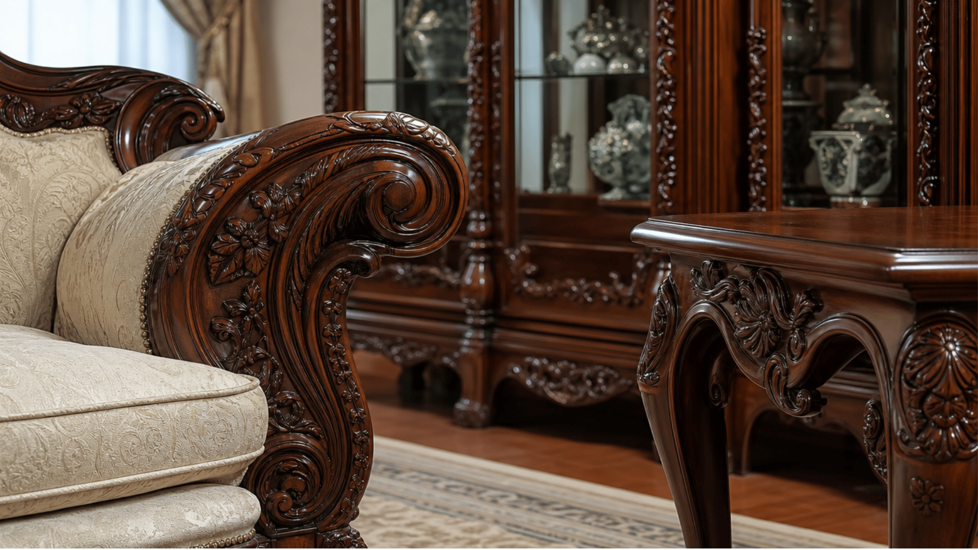 ornately carved victorian mahogany sofa table and display cabinet showcasing detailed wood craftsmanship and elegant design