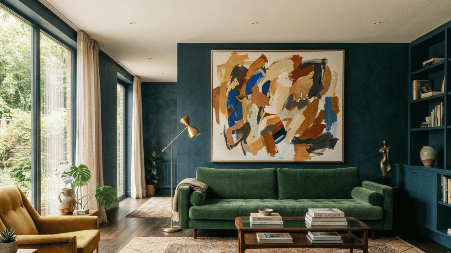living room with oversized artwork above a velvet sofa