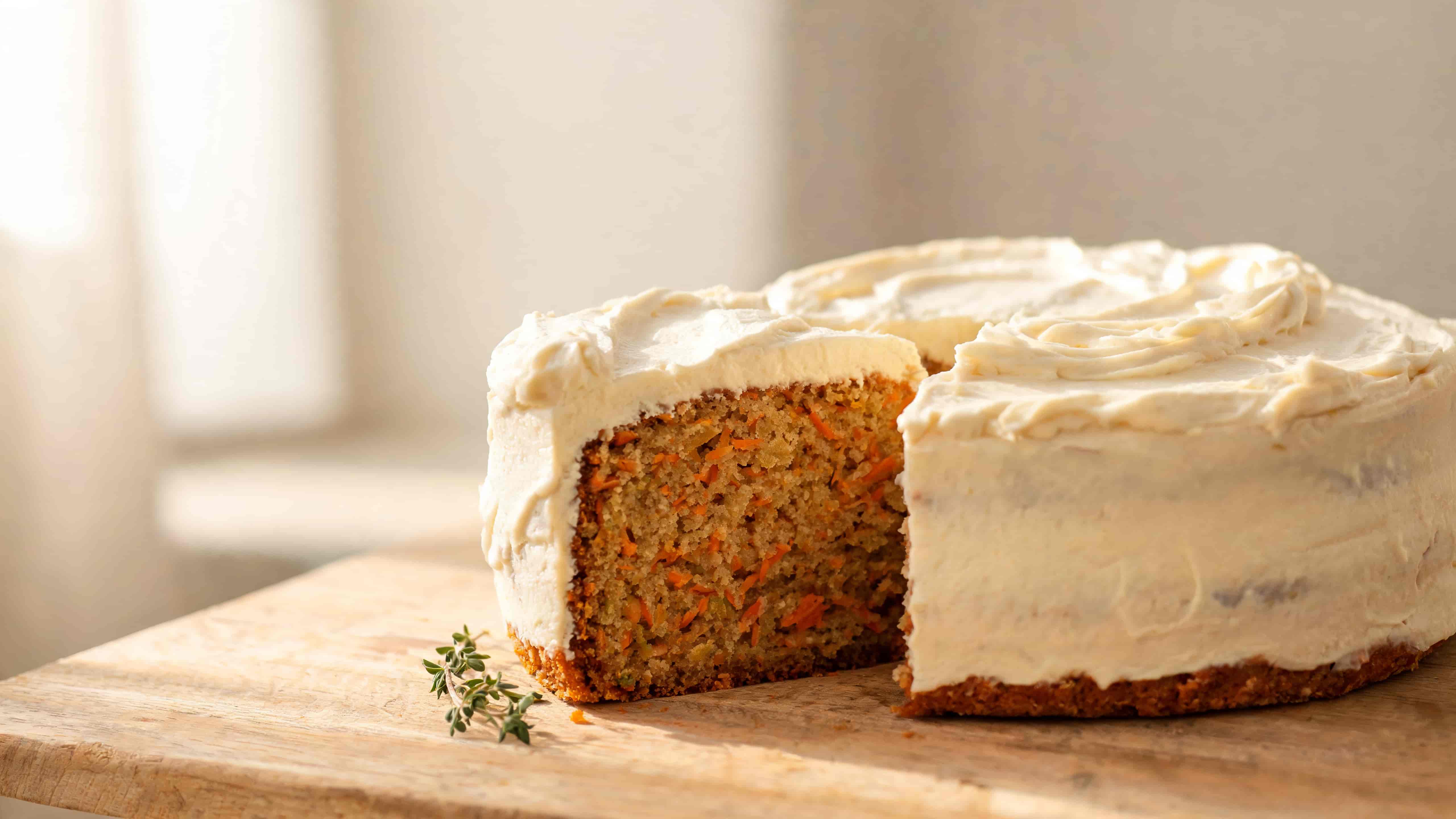 carrot cake with thick cream cheese frosting showing a cut slice revealing moist spiced interior on a wooden board