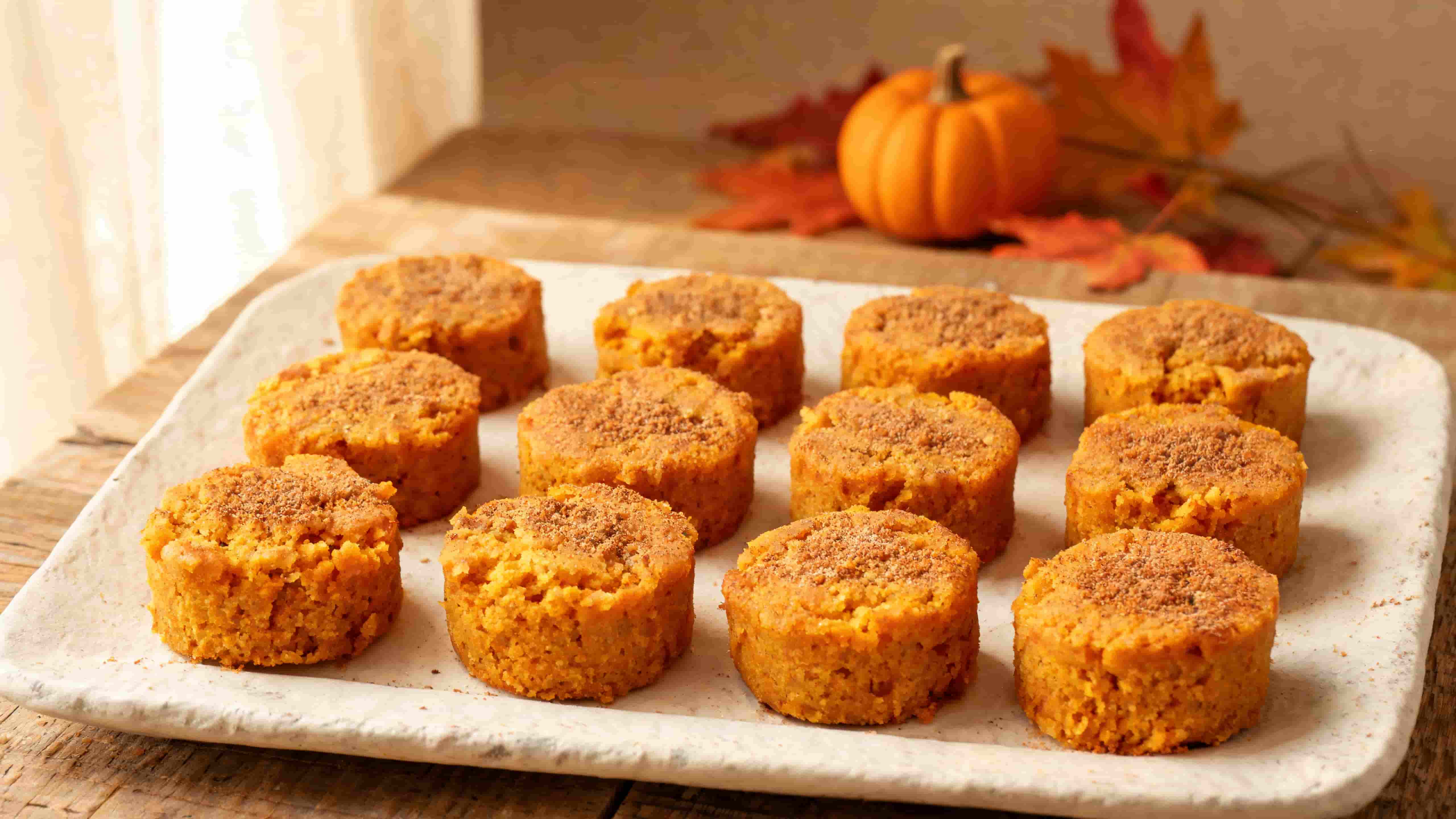 tray of pumpkin muffins dusted with cinnamon on a rustic surface with autumn pumpkin decor in soft warm light