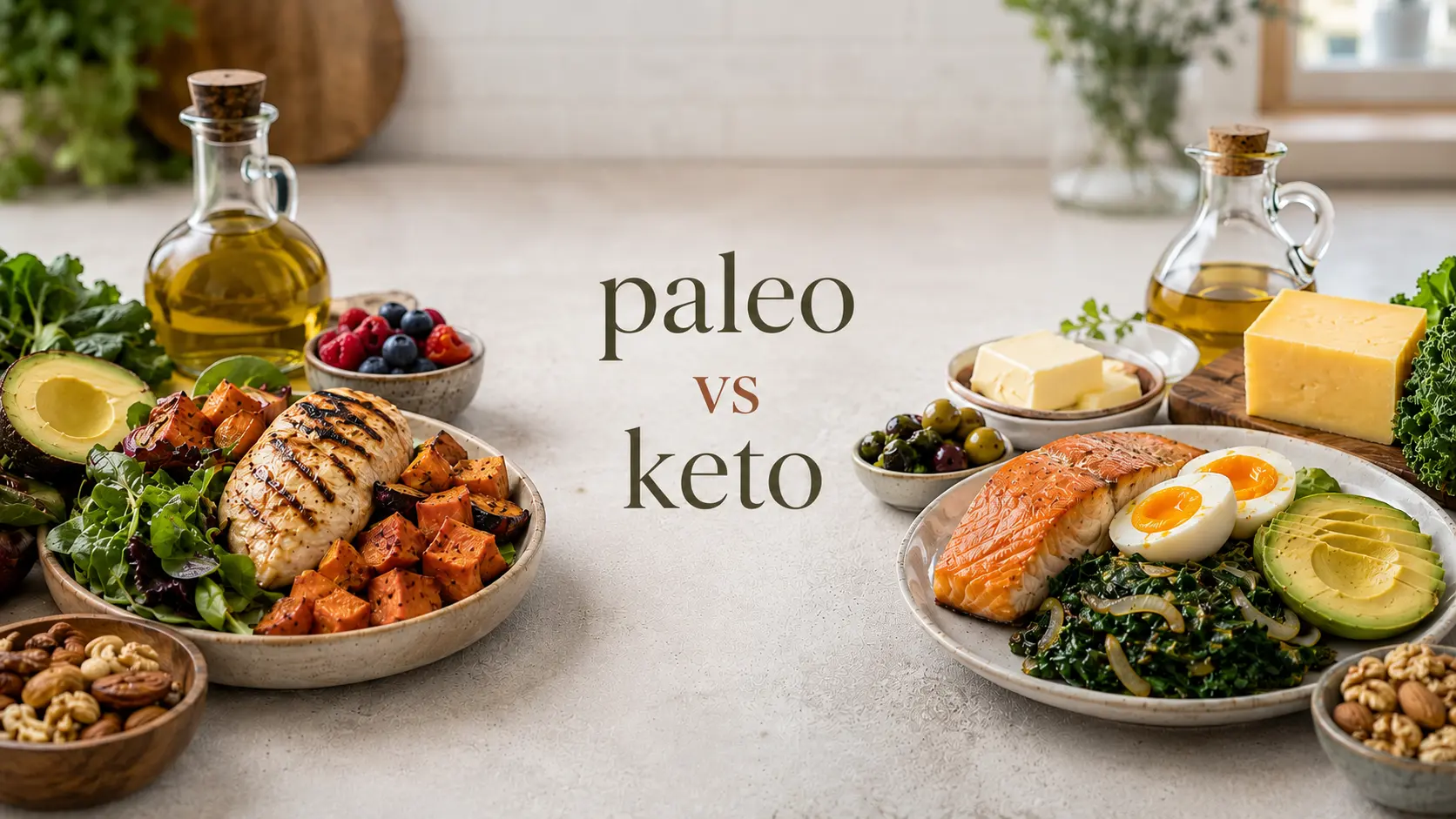 paleo vs keto meal comparison with whole food carbs on one side and low carb high fat foods on the other