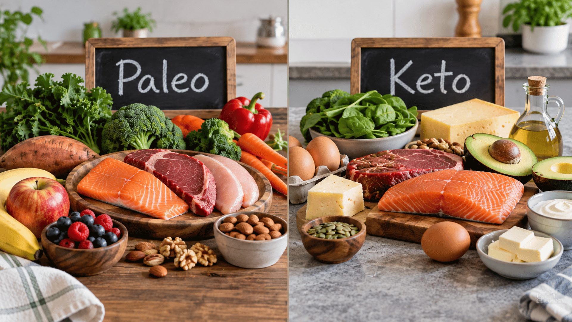 paleo and keto diet foods compared with meats salmon vegetables nuts eggs cheese avocado and healthy fats