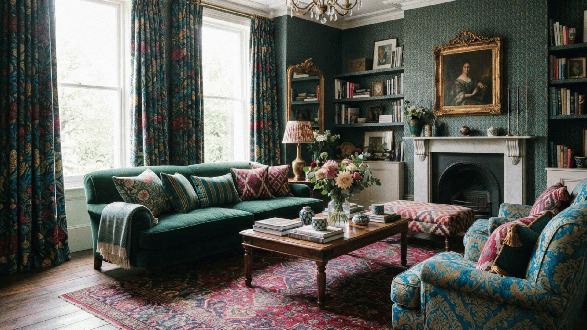 maximalist room with mixed patterns and colorful layered textiles