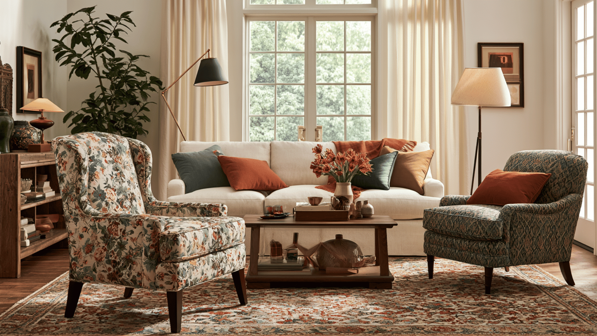patterned upholstered accent chairs in a colorful maximalist living room