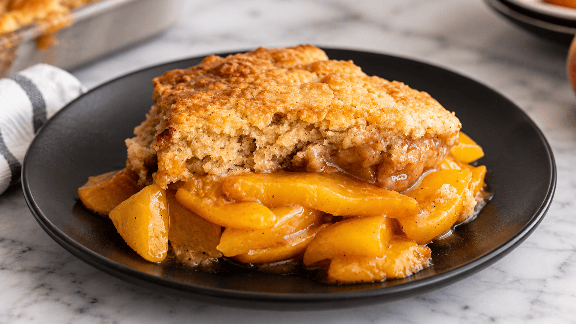 paleo peach cobbler with golden crust and cinnamon peaches served on a black plate