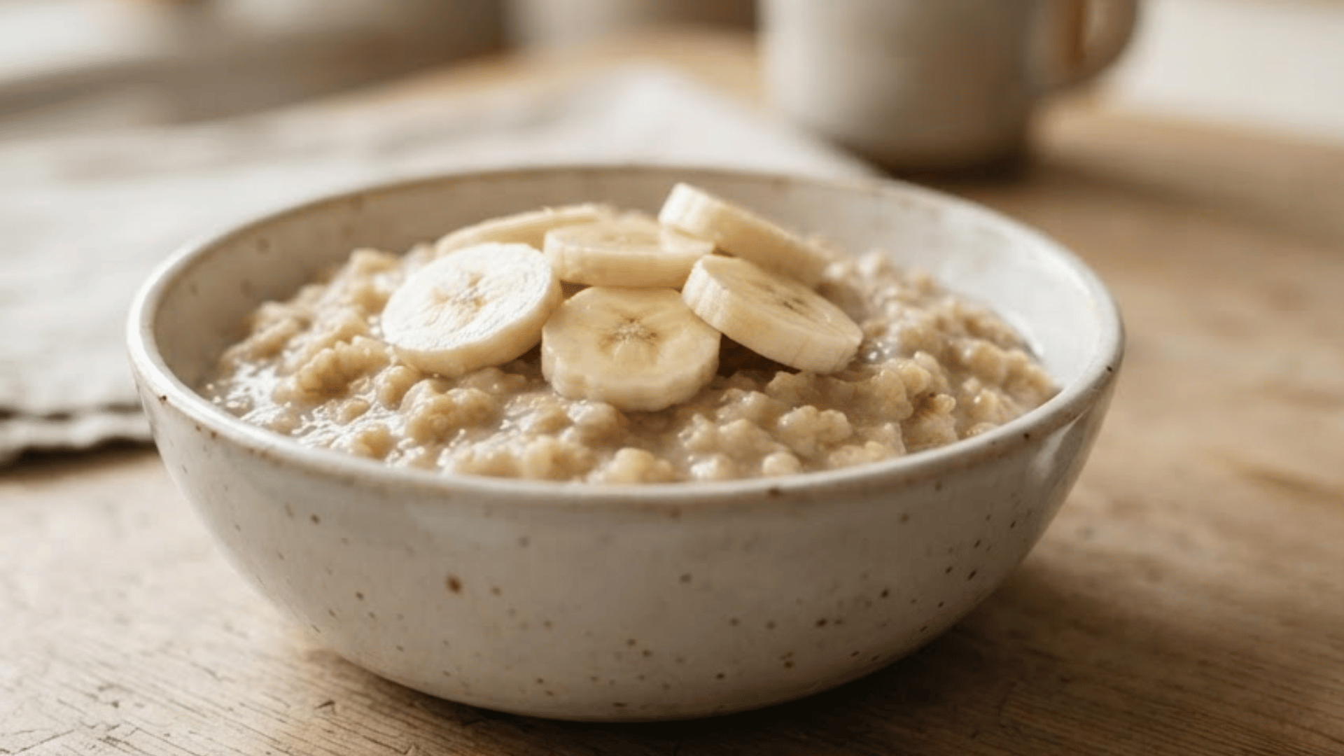 plain oatmeal topped with banana slices served in a ceramic bowl on a wooden table