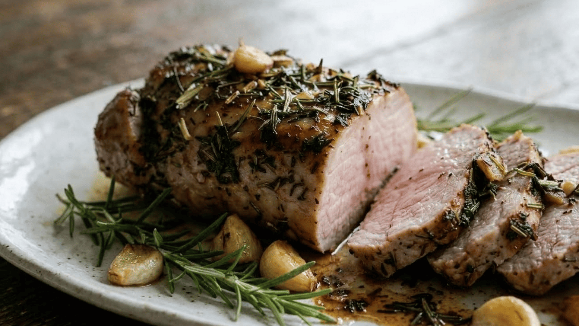 cooked and sliced pork loin with a golden herb seasoned crust resting on a ceramic tray over a wooden table