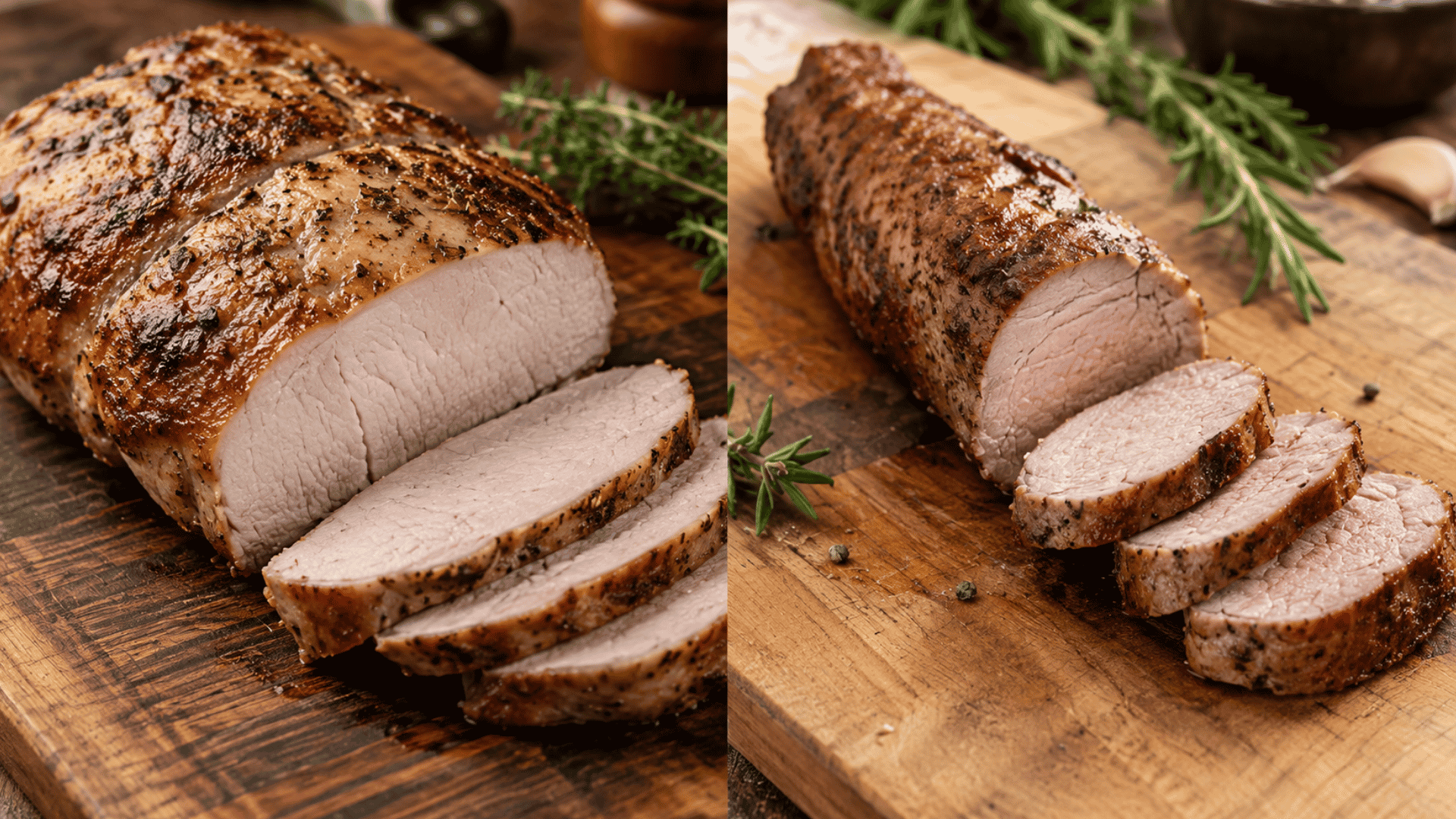 pork loin and pork tenderloin sliced on wooden boards showing differences in size shape and texture