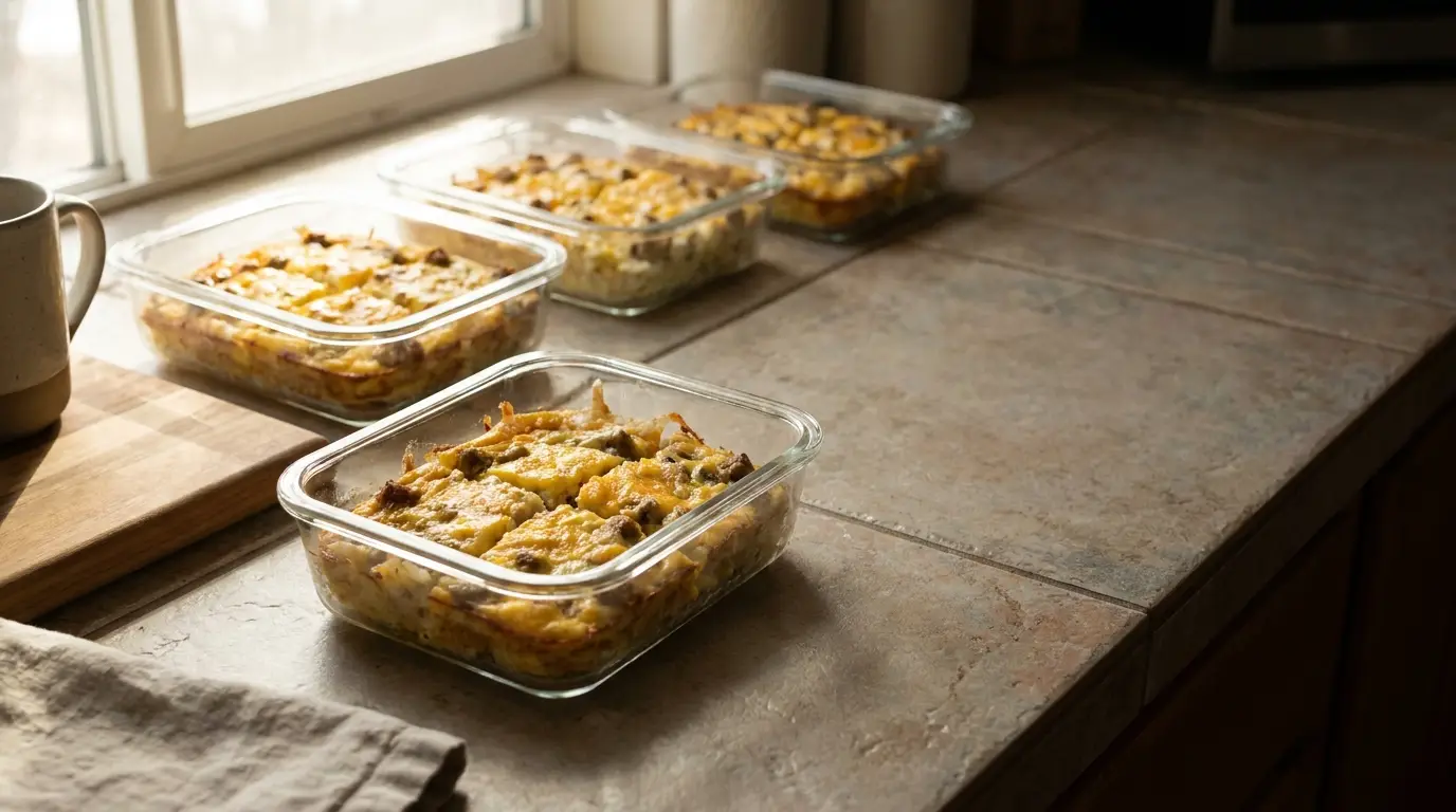 Glass containers of baked casseroles on a sunlit kitchen counter with a coffee mug nearby
