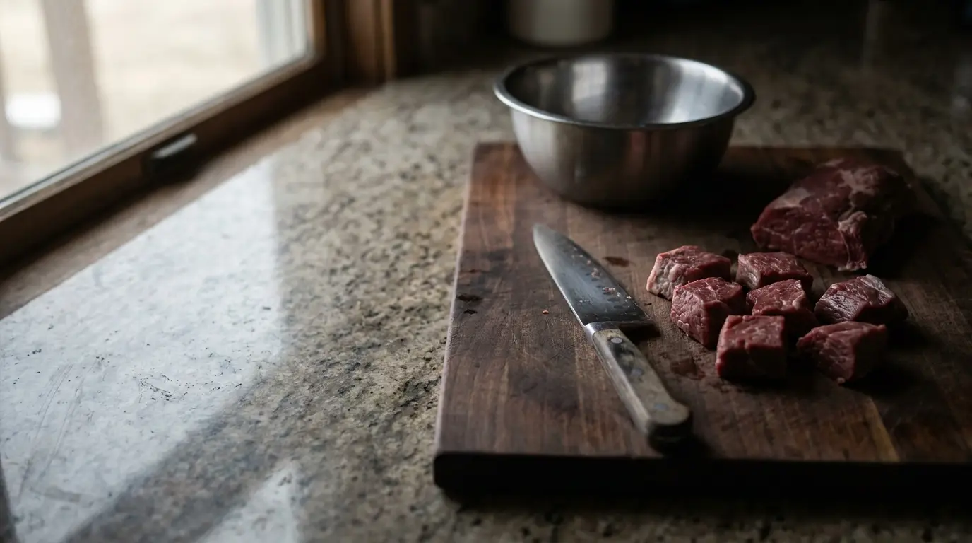 Chunks of raw beef with a knife on a wooden cutting board in a dimly lit kitchen