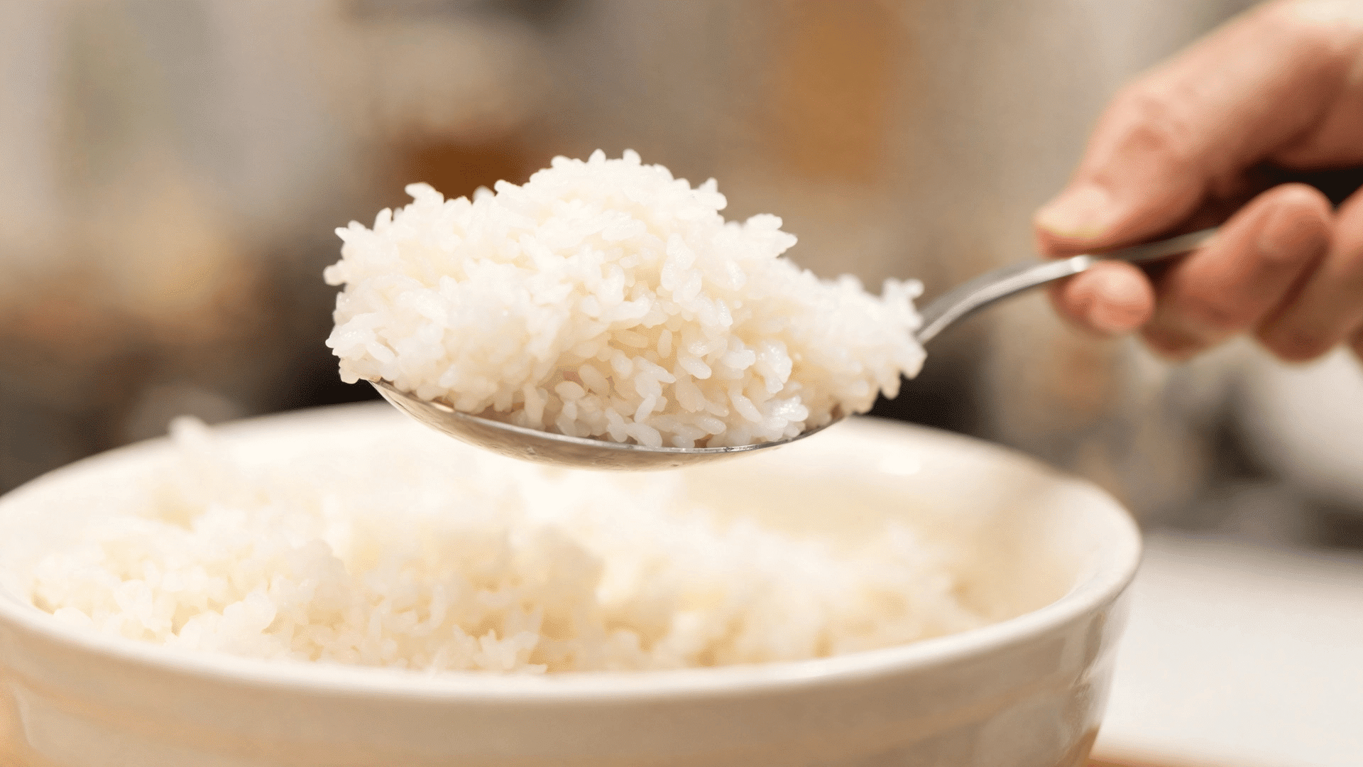 spoonful of cooked white rice lifted above a bowl showing soft fluffy grains