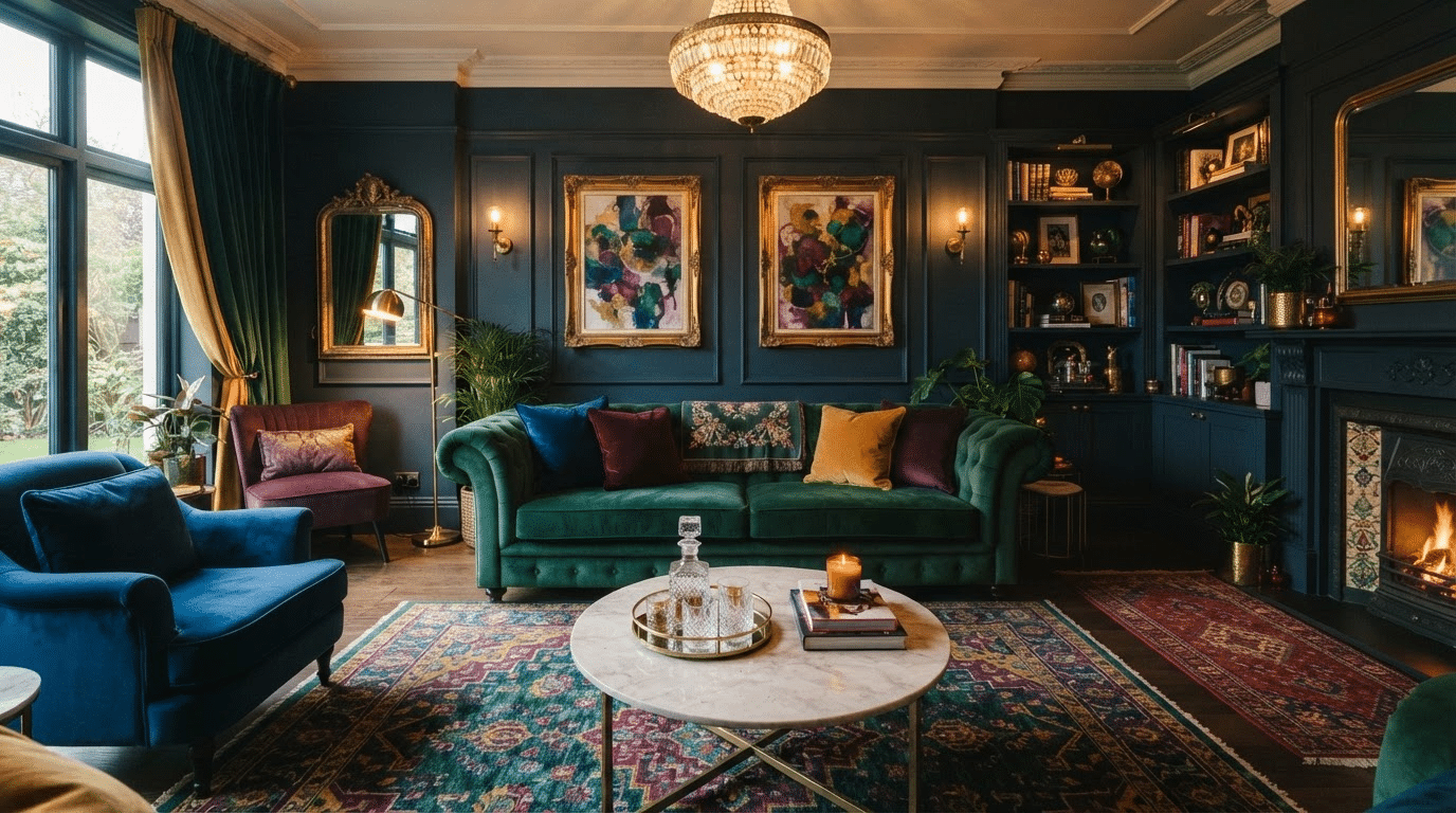 living room featuring rich jewel tone maximalist color palette