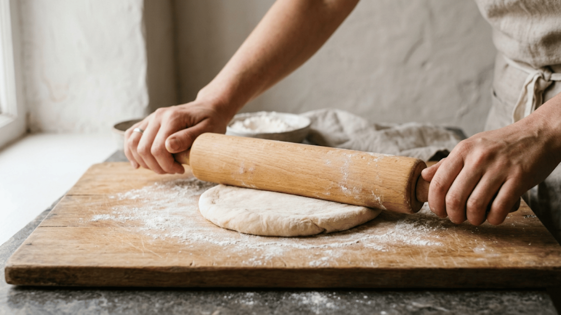 person rolling dough with a wooden rolling pin on a floured board beside a window in a bright kitchen