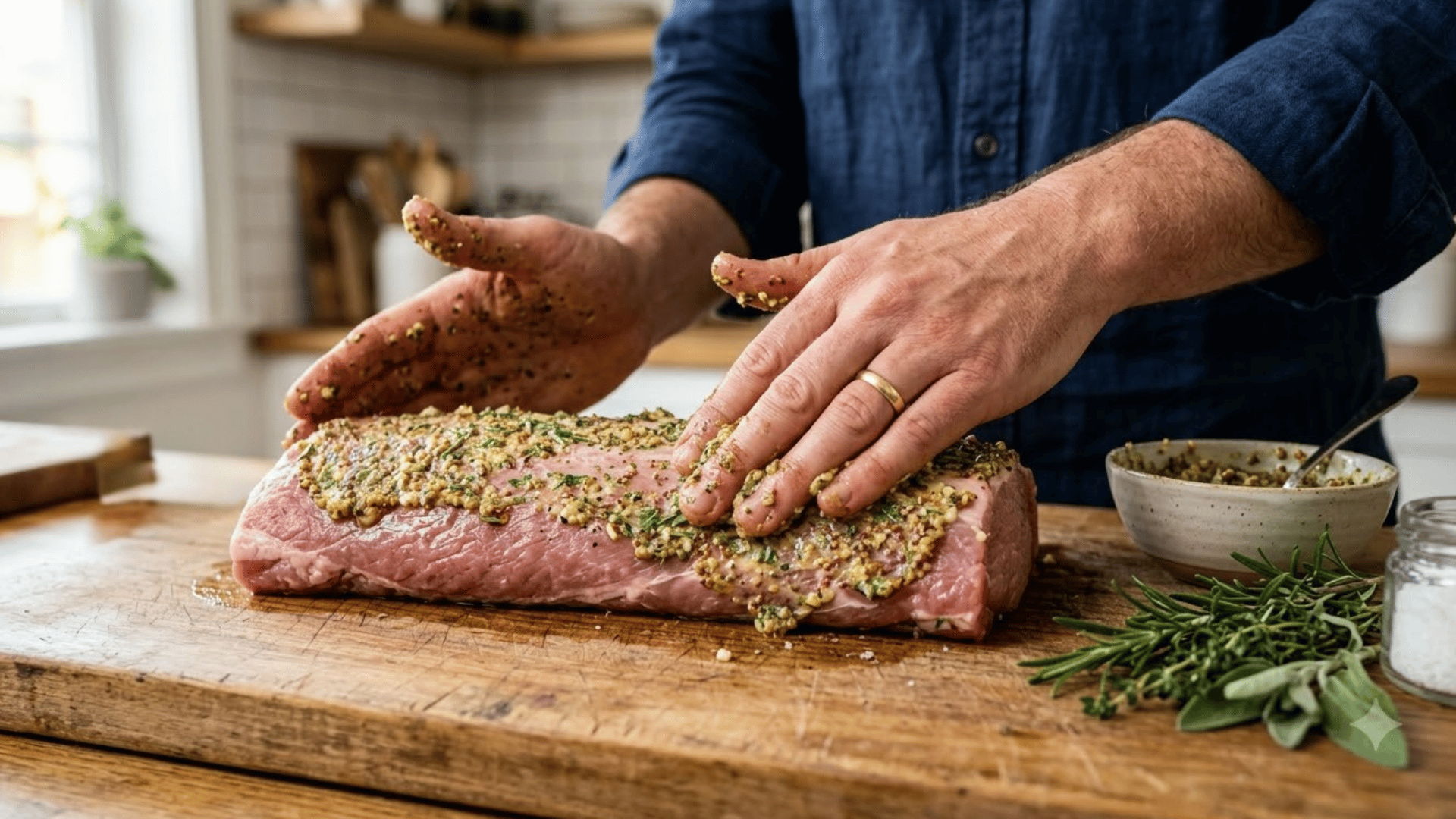 raw pork loin being coated by hand with a garlic mustard herb seasoning rub on a wooden cutting board