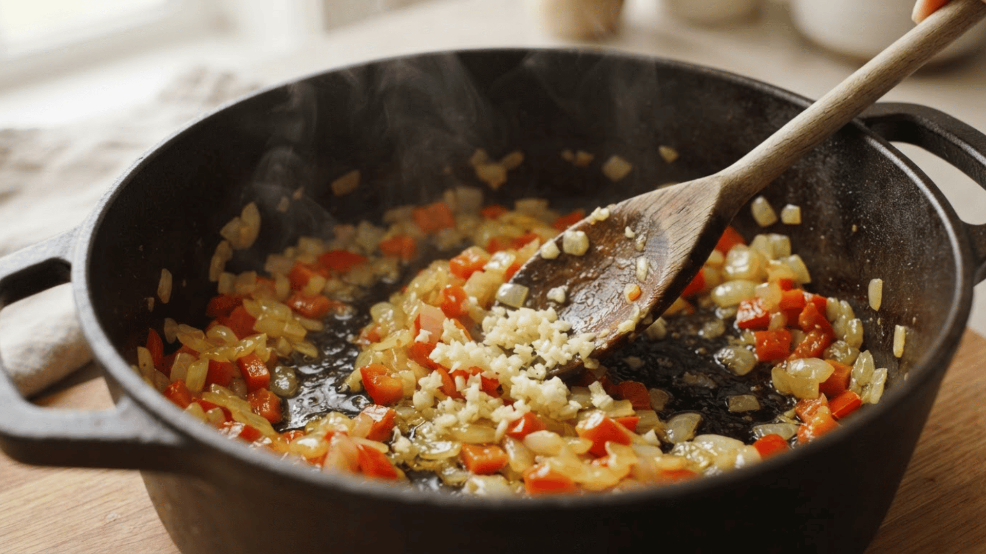chopped onion red bell pepper and garlic sautéing in olive oil for turkey chili