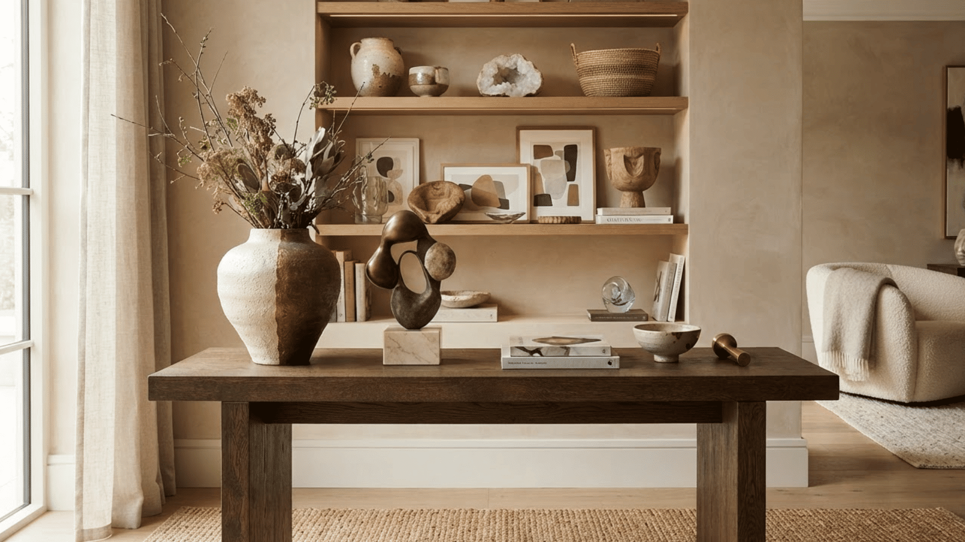decorative sculptural accessories displayed on shelves and console table