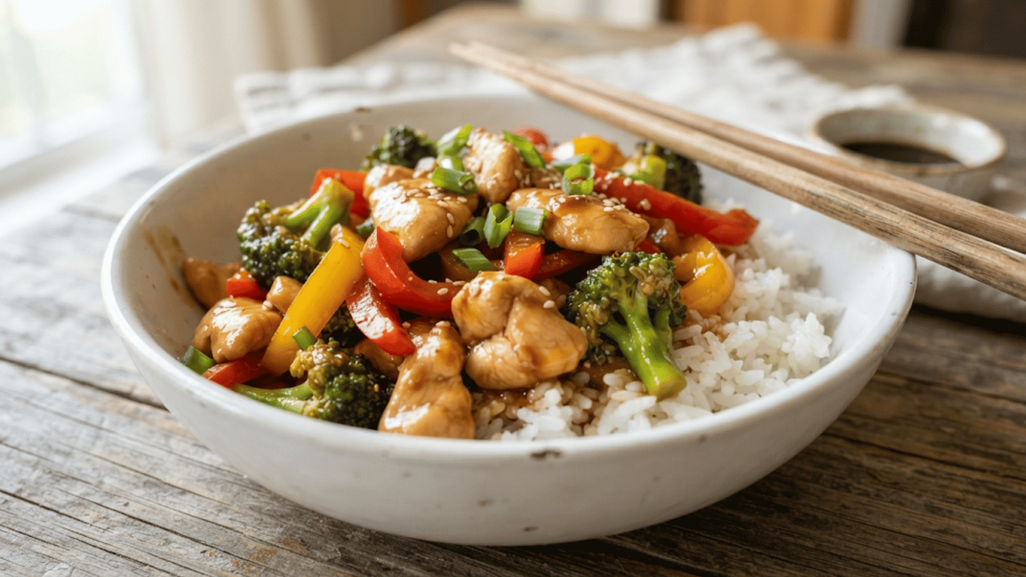 chicken stir fry served with colorful vegetables and steamed rice in a bowl for a quick delicious meal