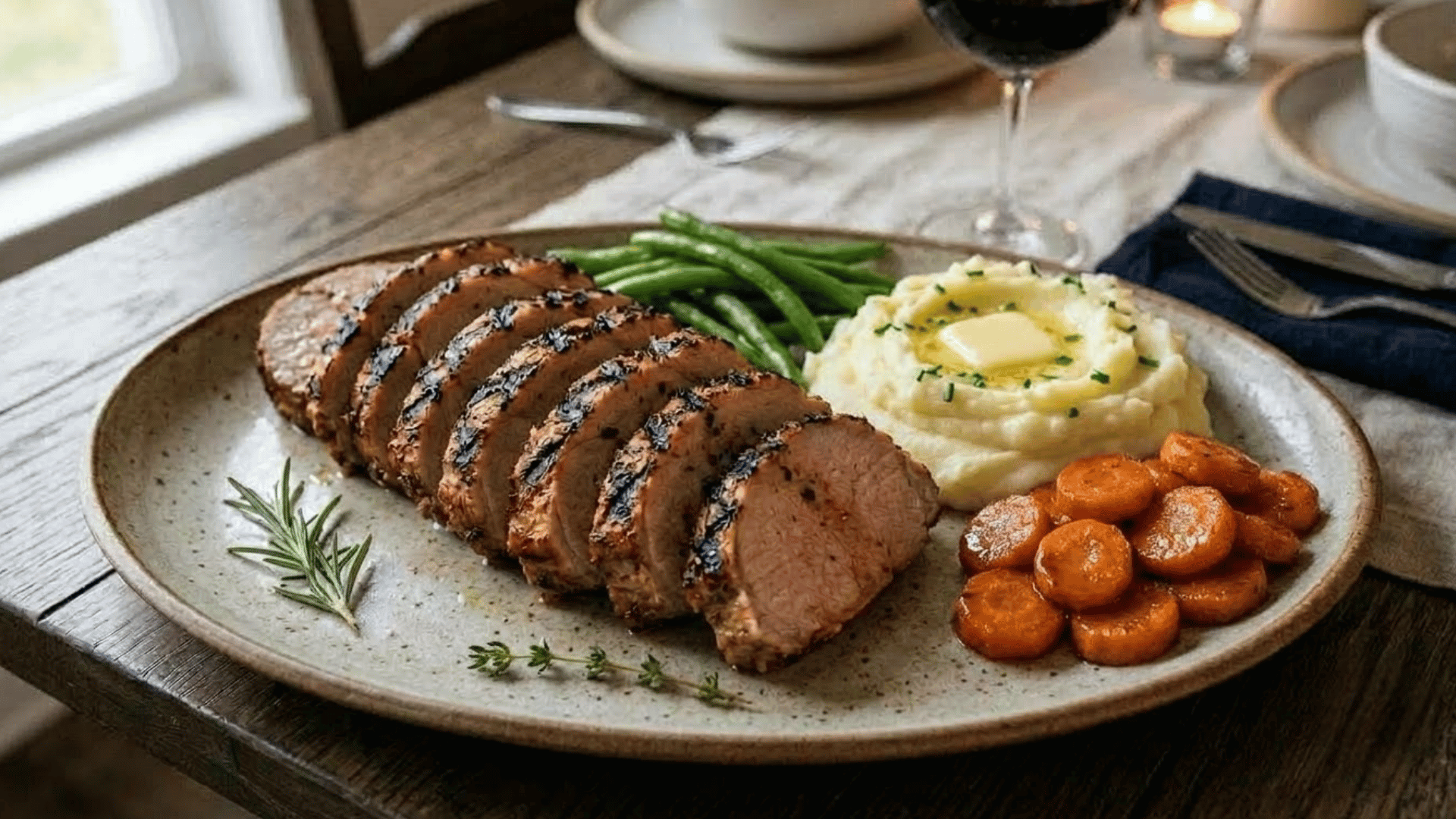 sliced pork loin served with mashed potatoes green beans and roasted carrots on a dinner plate