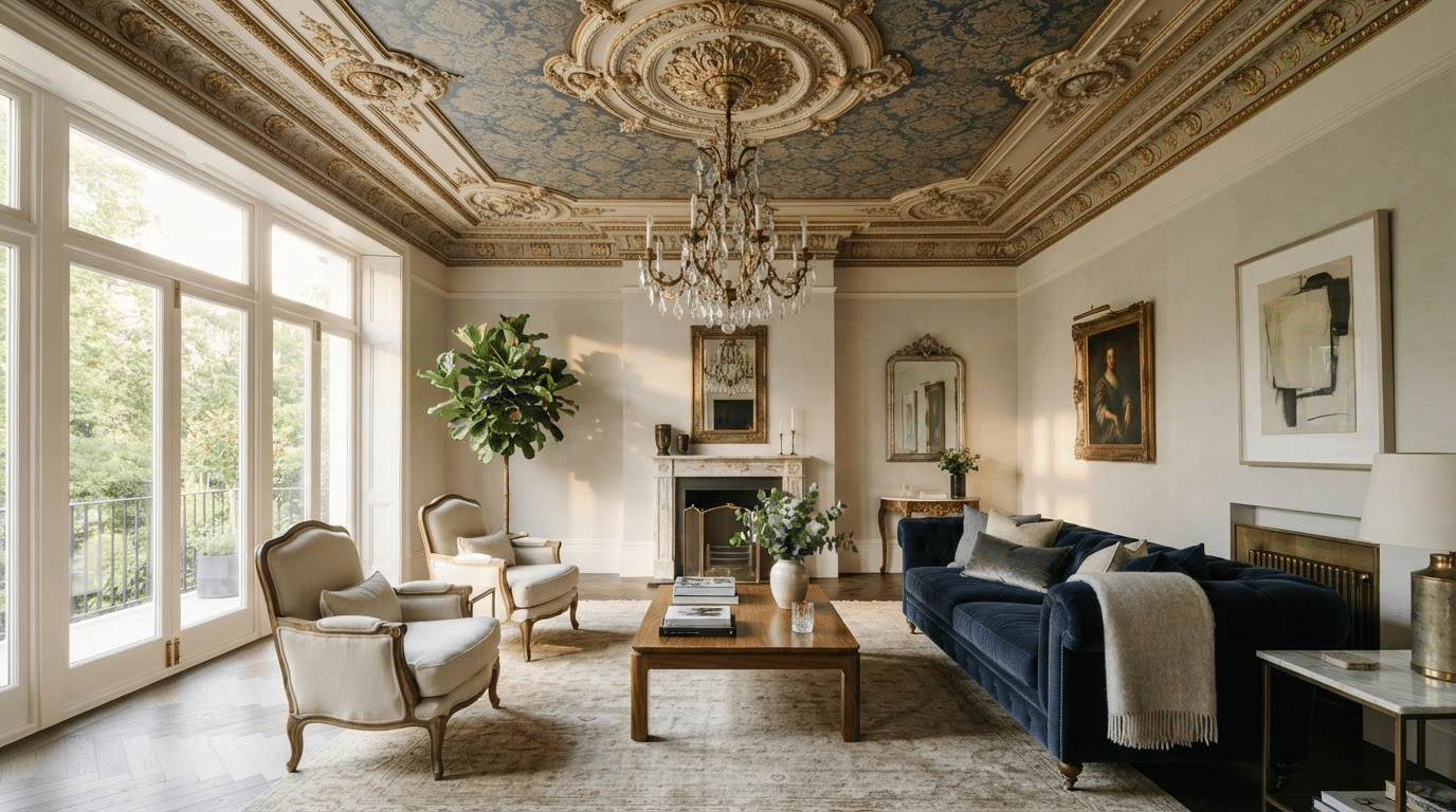 statement ceiling with decorative molding and bold painted design