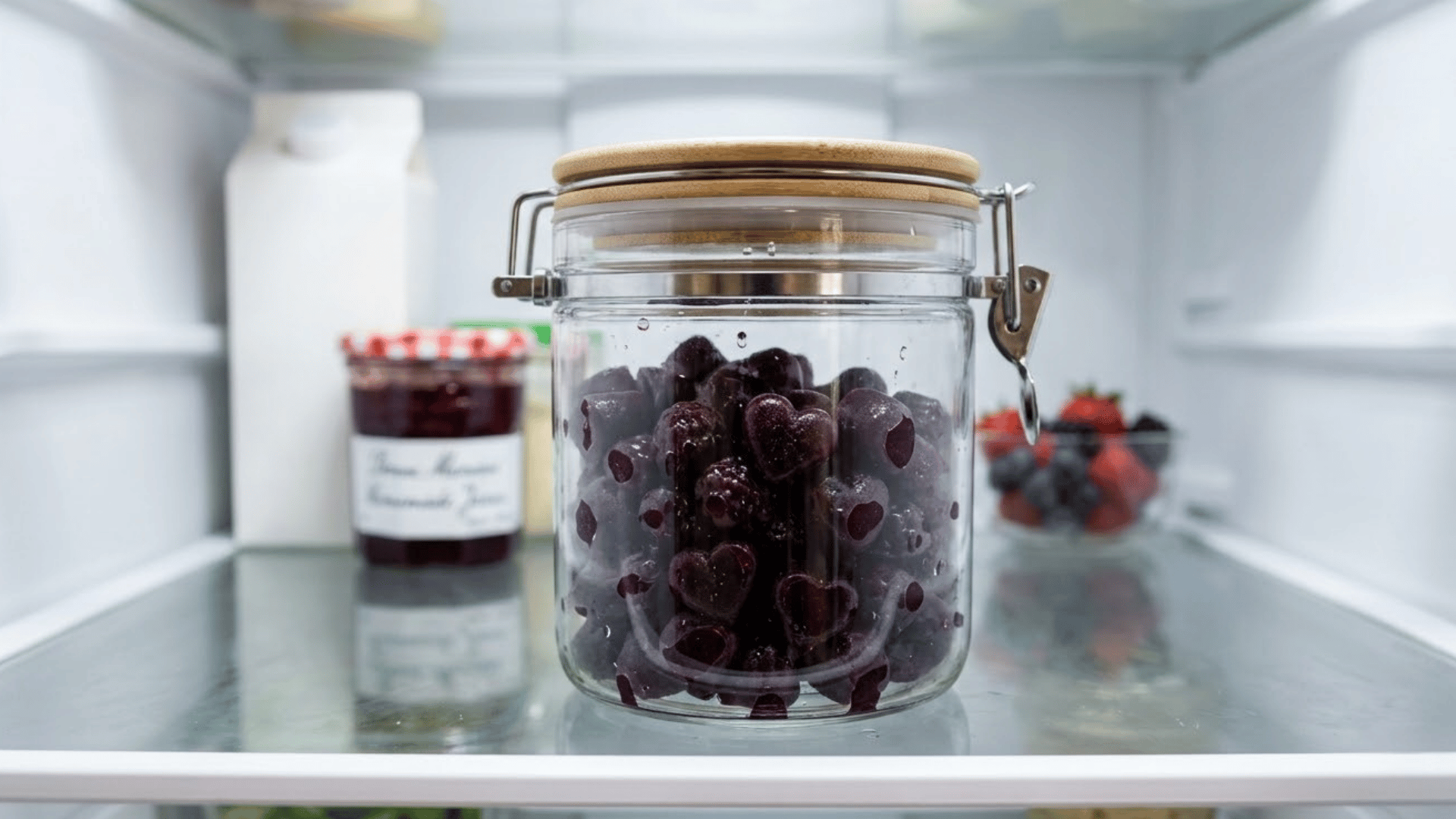 Homemade elderberry gummies stored in a clear airtight glass jar on a refrigerator shelf.