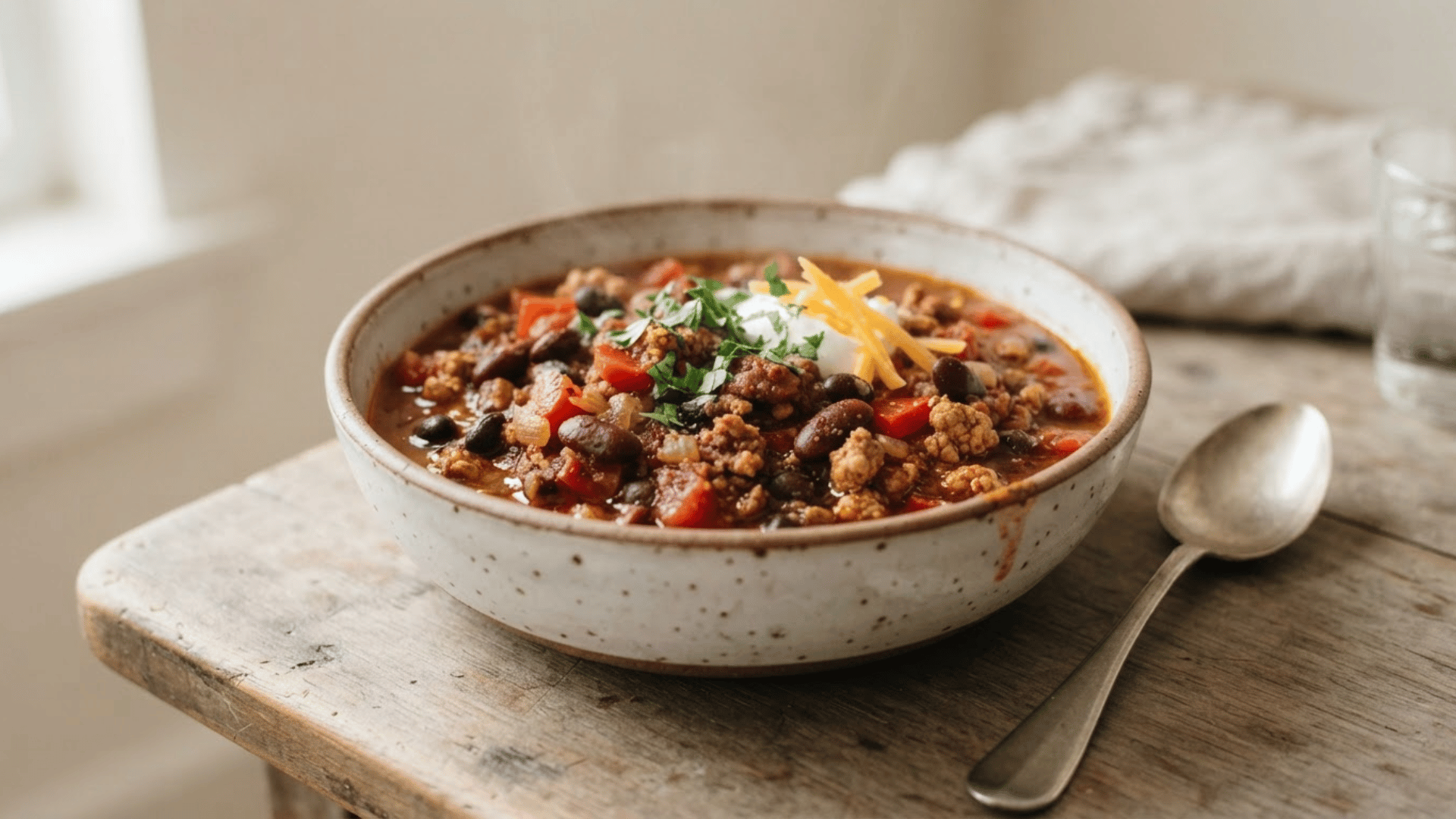 finished turkey chili with ground turkey beans tomatoes and red bell pepper in a serving bowl