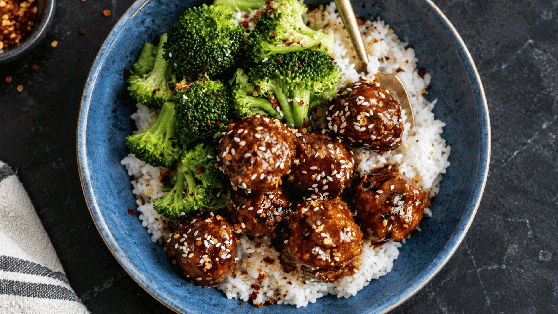teriyaki chicken meatballs with white rice and broccoli in a blue bowl on a black kitchen surface