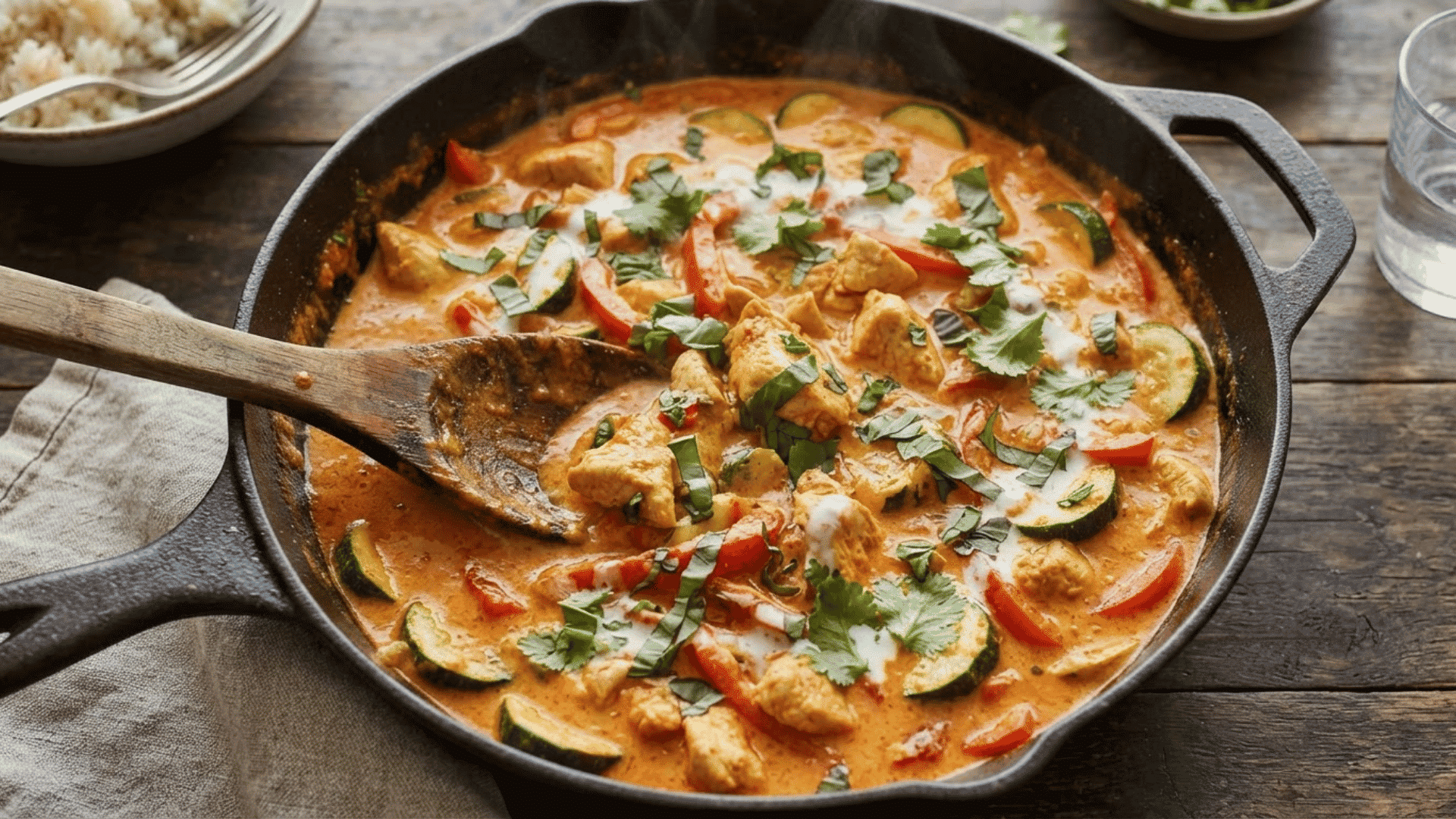 thai red curry ground chicken with zucchini red peppers coconut curry sauce basil and fresh cilantro