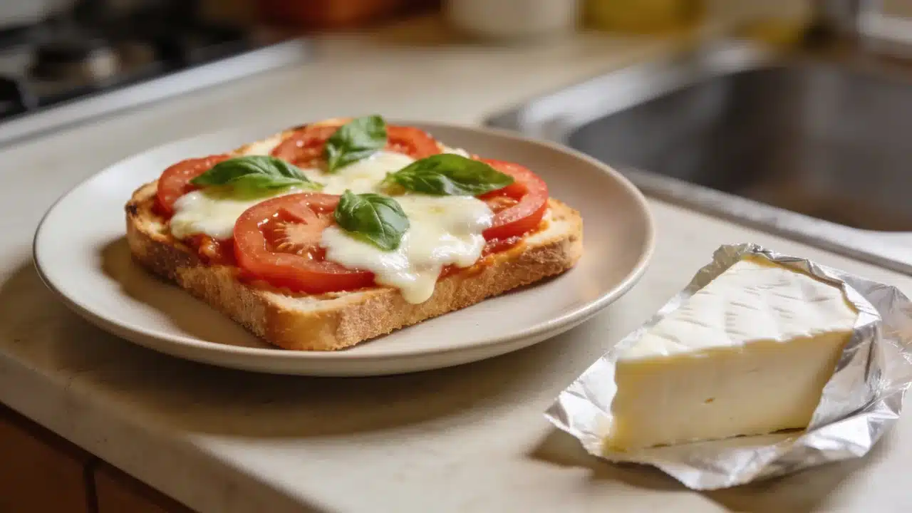 toast topped with melted part skim mozzarella tomato slices and fresh basil beside a block of cheese