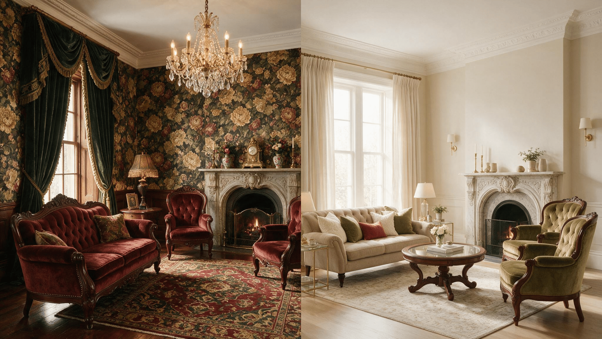 traditional and modern victorian living rooms comparing ornate decor with a lighter updated victorian style