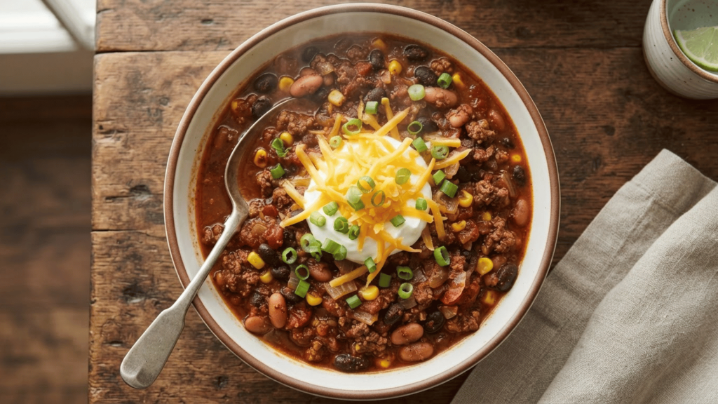 turkey chili recipe with ground turkey beans corn tomatoes cheese sour cream and green onions