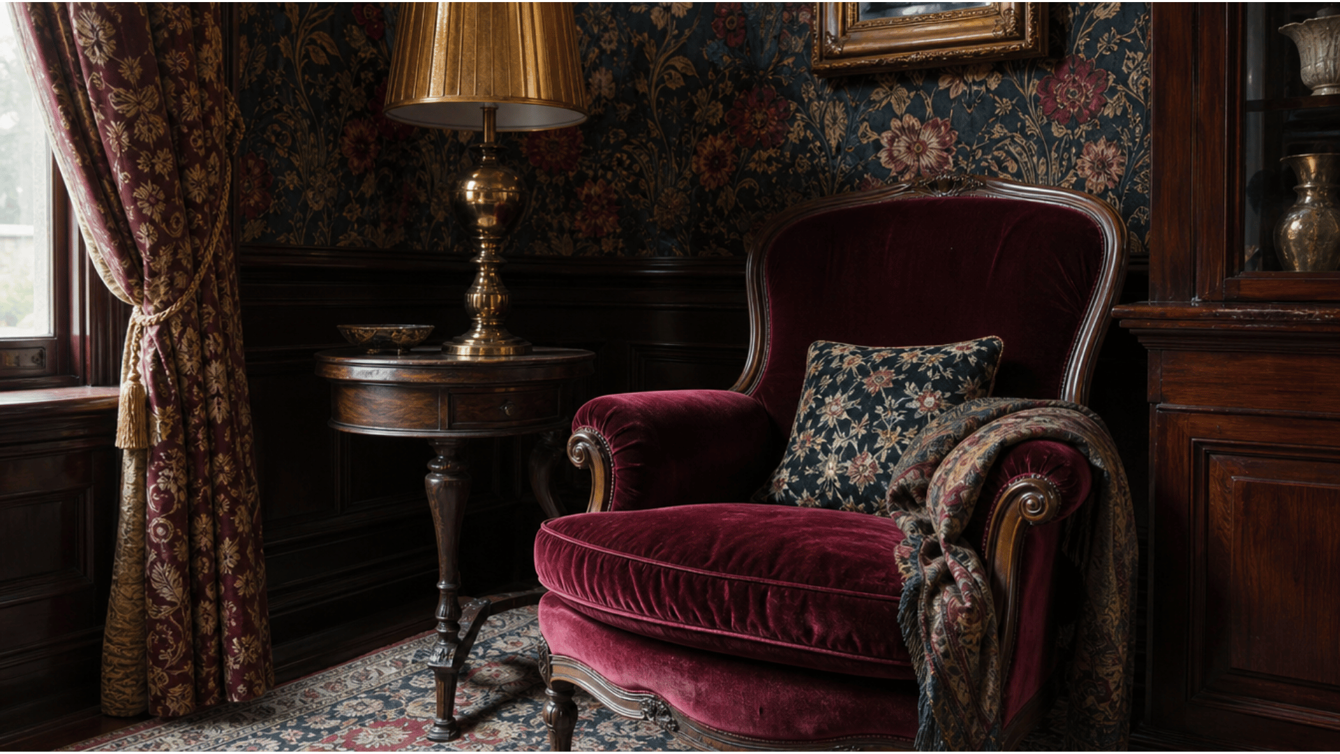 victorian interior corner with burgundy velvet armchair floral wallpaper dark wood paneling and patterned drapes