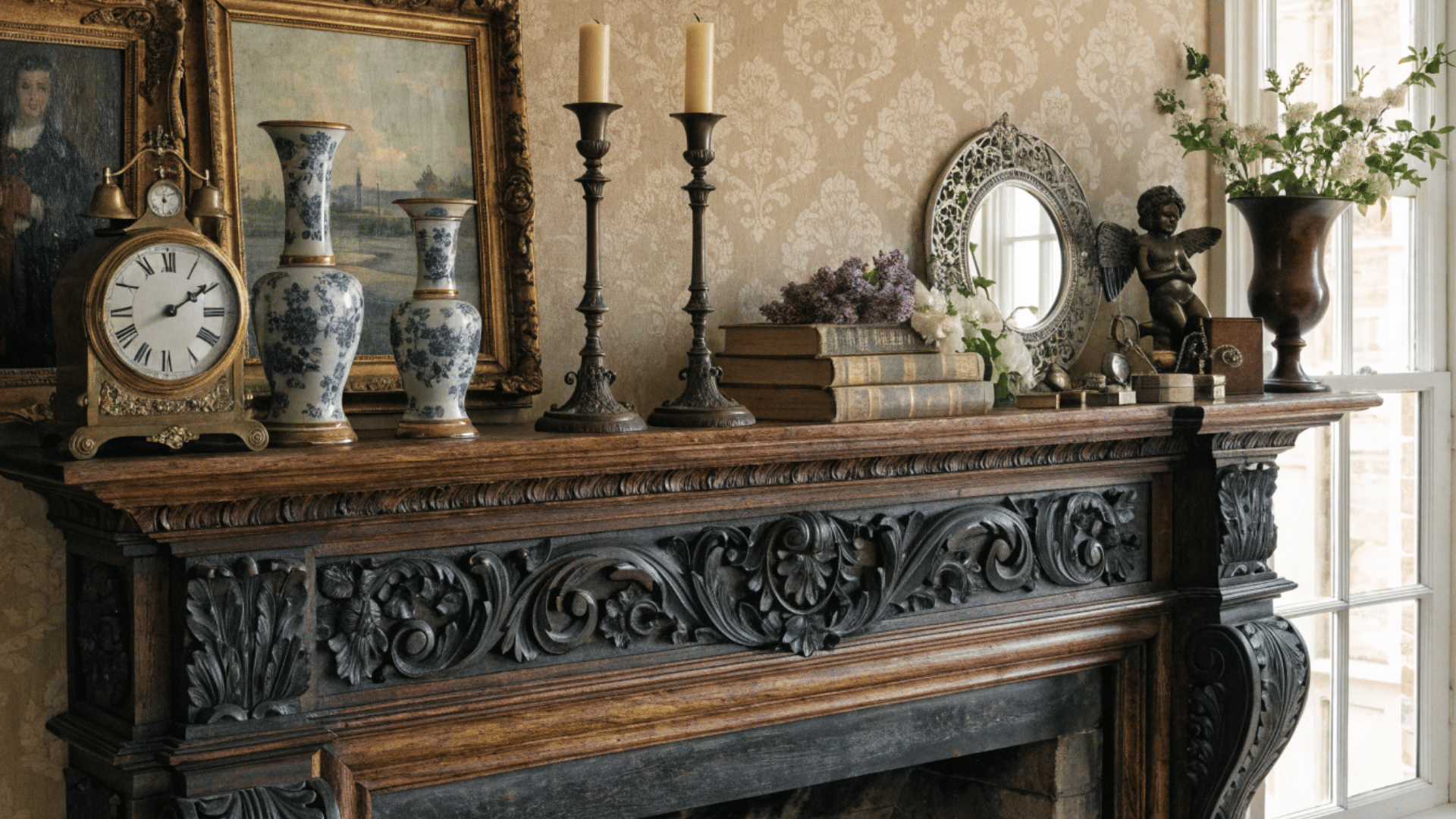 victorian mantel with antique clock porcelain vases framed artwork candlesticks books and decorative mirror