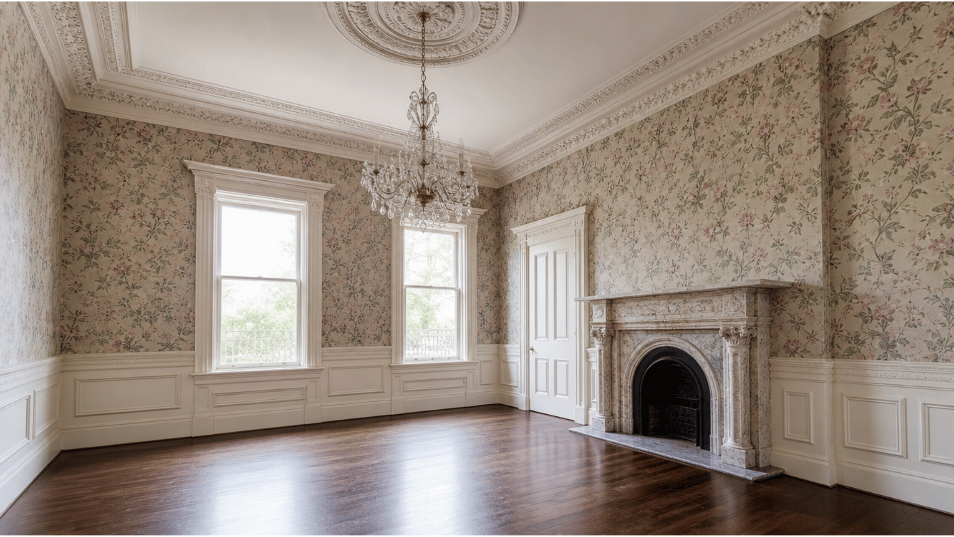 victorian room with floral wallpaper ornate ceiling molding marble fireplace and crystal chandelier
