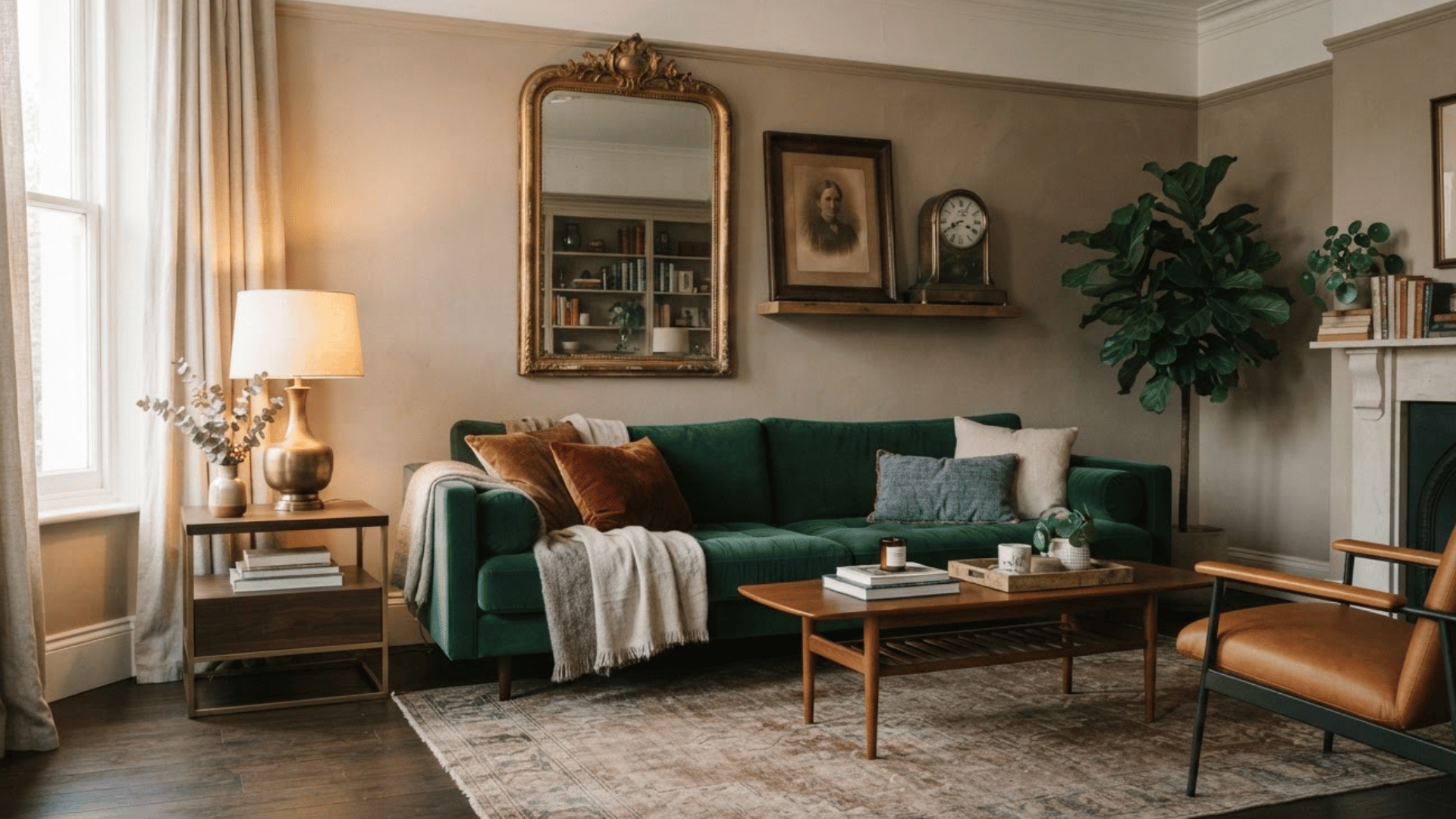 living room with vintage decor accents and modern furniture