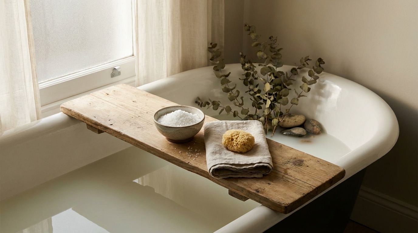 Bathtub with wooden tray holding bath salts, sponge, and eucalyptus in natural light