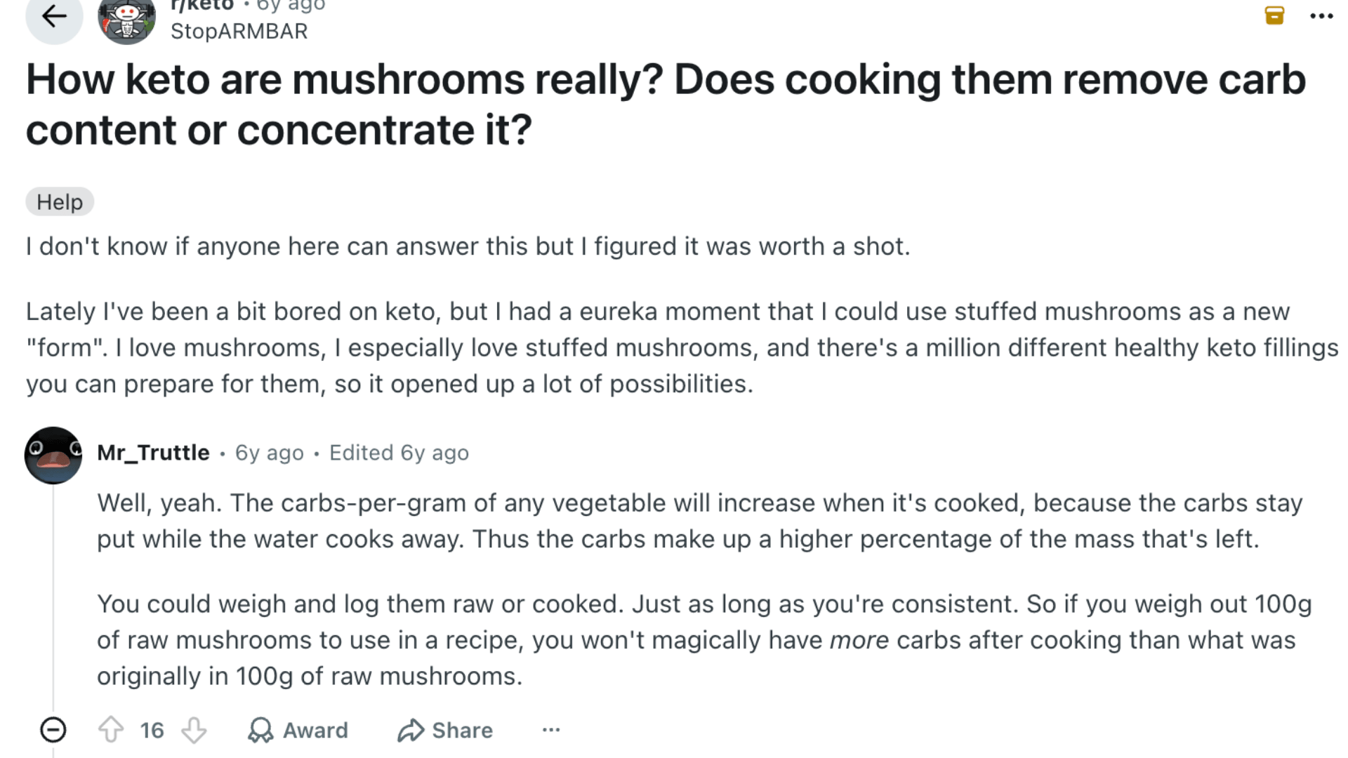 reddit discussion about mushrooms on keto and how cooking affects their carb content