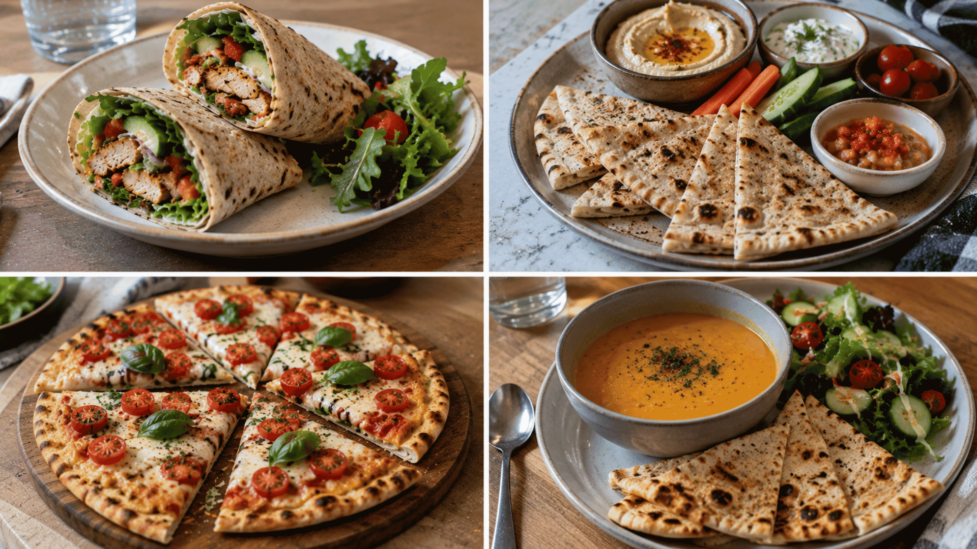 gluten free flatbread served as wraps with dips as pizza and alongside soup and salad for versatile meal ideas