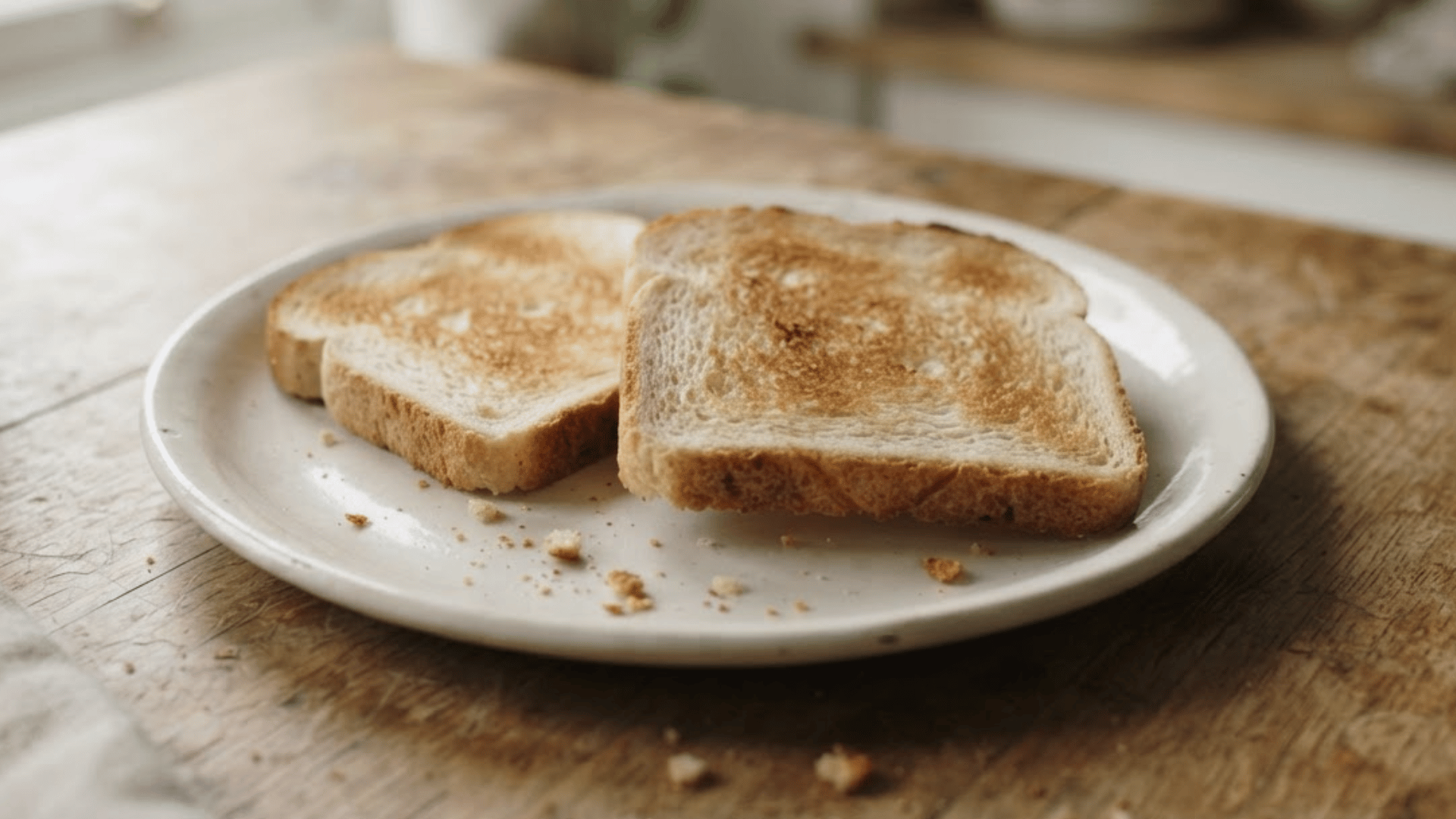 two slices of golden white toast served on a ceramic plate on a wooden table in a bright kitchen