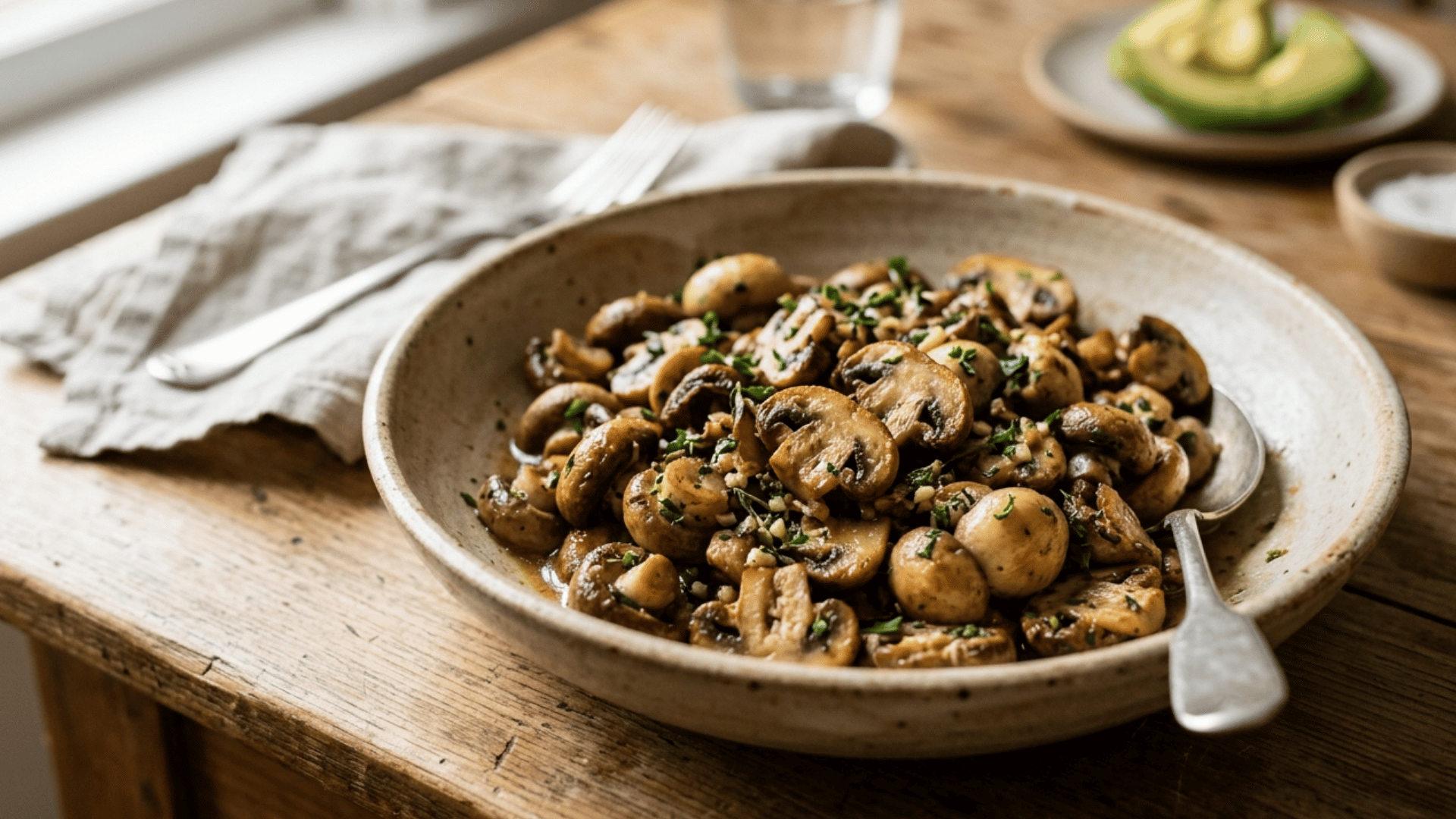 sauteed mushrooms with herbs served in a rustic bowl on a wooden table