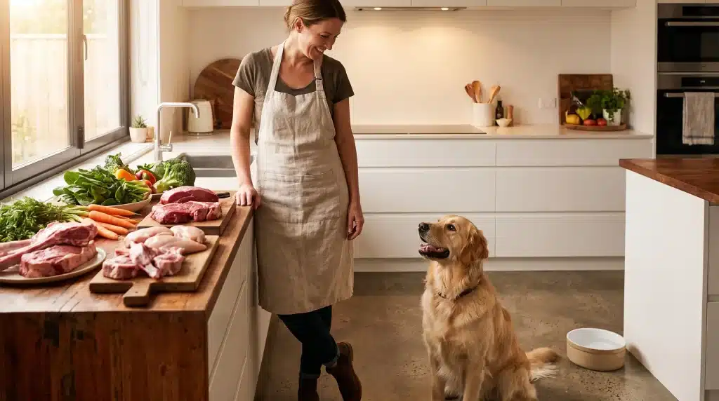 Woman in apron preparing meat and vegetables in a modern kitchen with a golden retriever nearby