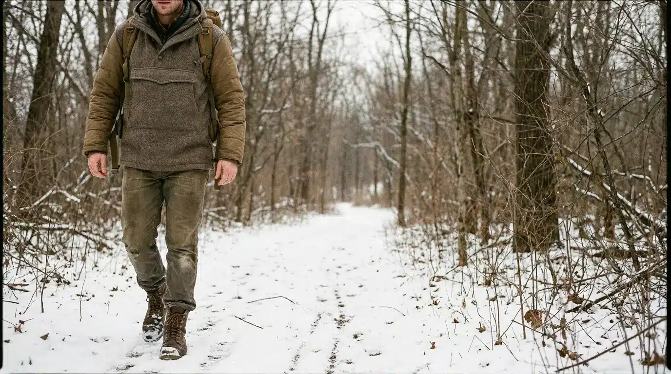 Man walking on snowy forest path wearing warm winter clothing and boots