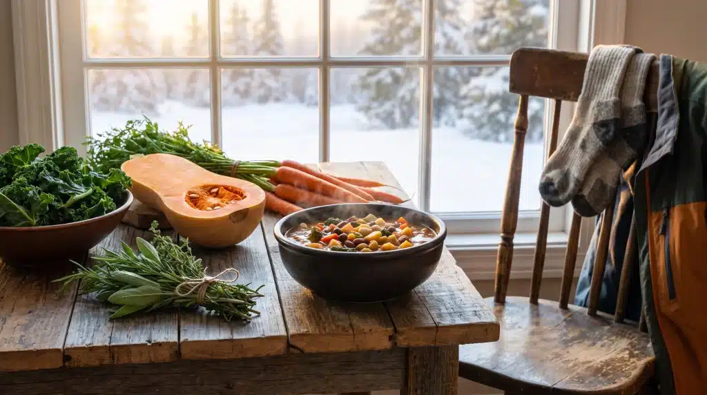 Steaming vegetable soup and fresh produce on rustic wooden table by snowy window
